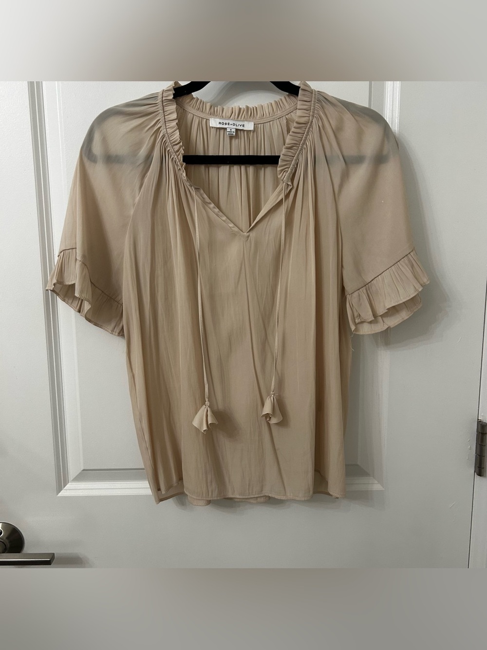Rose & Olive Sandstone Ruffle Tie-Neck Blouse - Women's Top Size Small